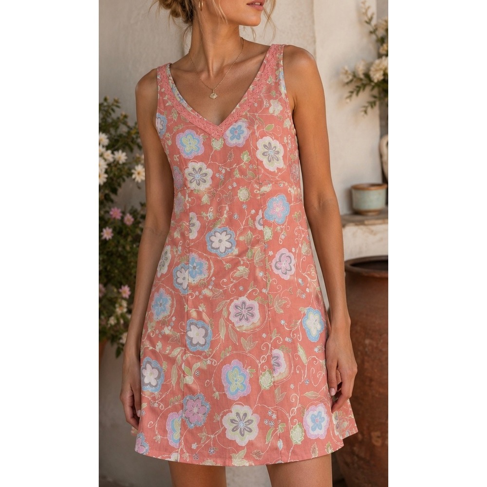 Sigrid Olsen Sport Floral V-Neck Shift Dress Coral Pink Lace Trim Size 4